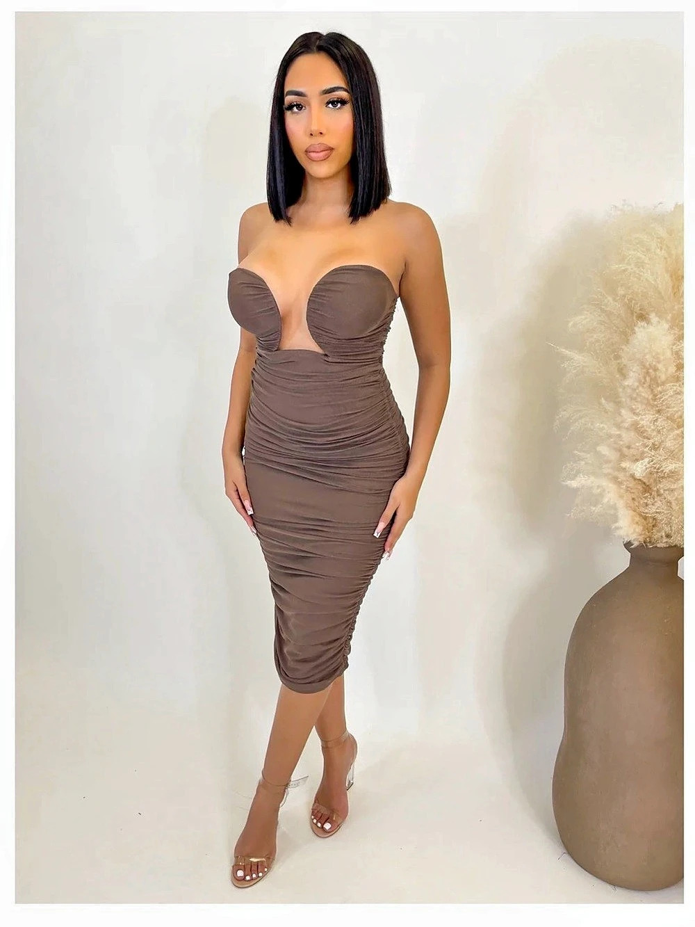 blanc clothing Ruched Strapless Midi Dress in Brown Size Medium Club Party